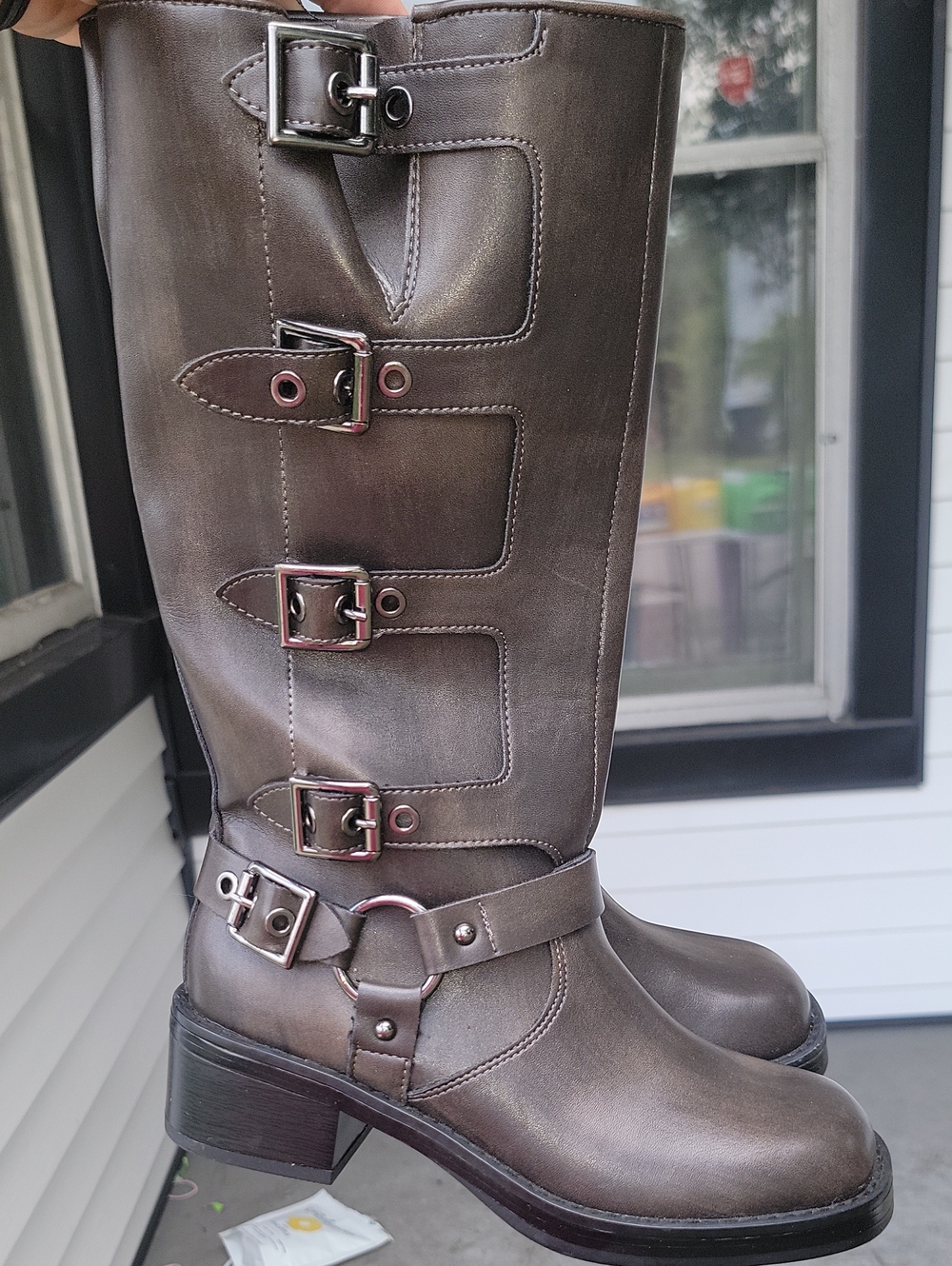 Tall Buckle Riding Boots in Metallic Brown Size 6